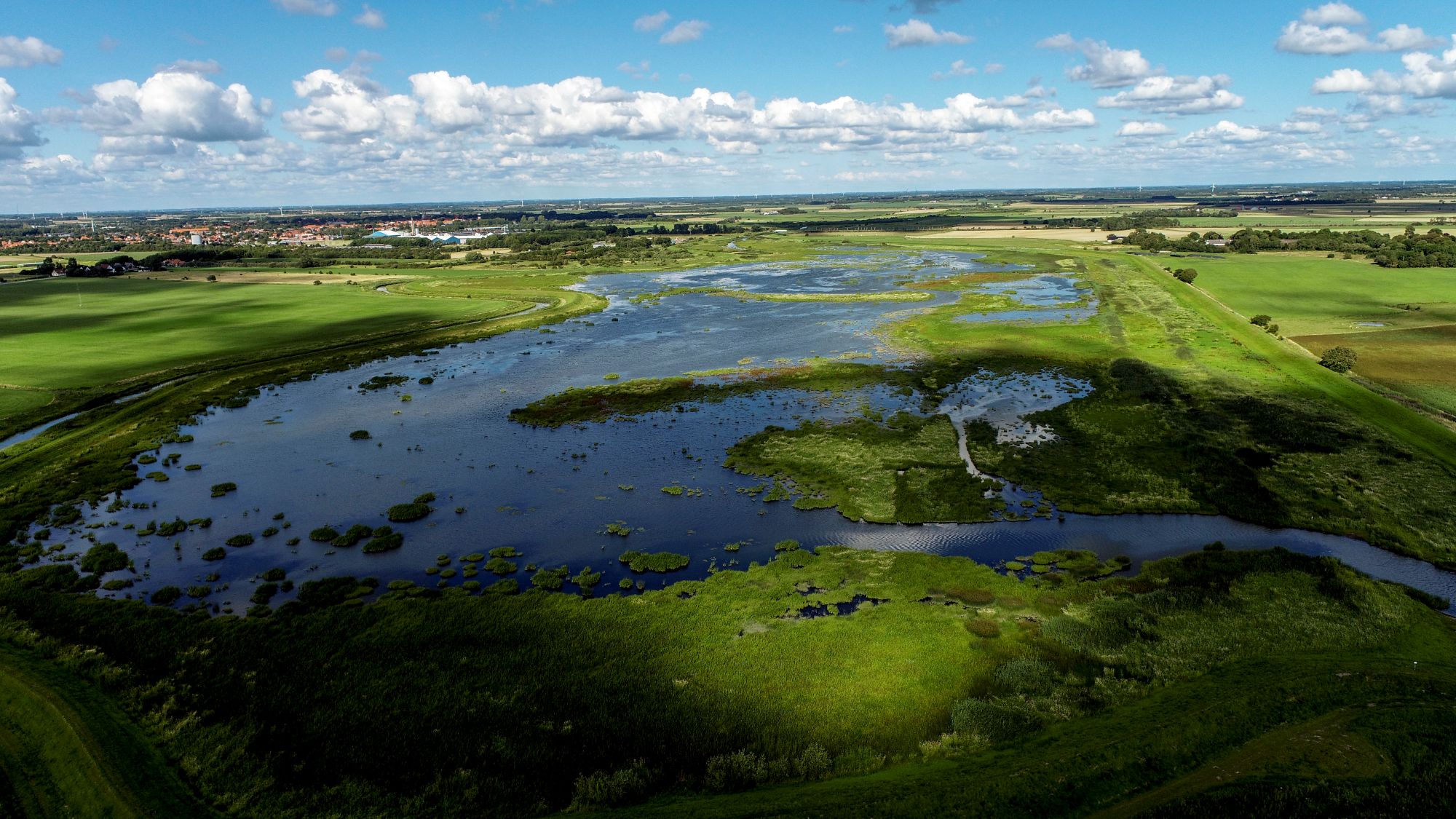 Dronebillede af en sø med grøn natur omkring