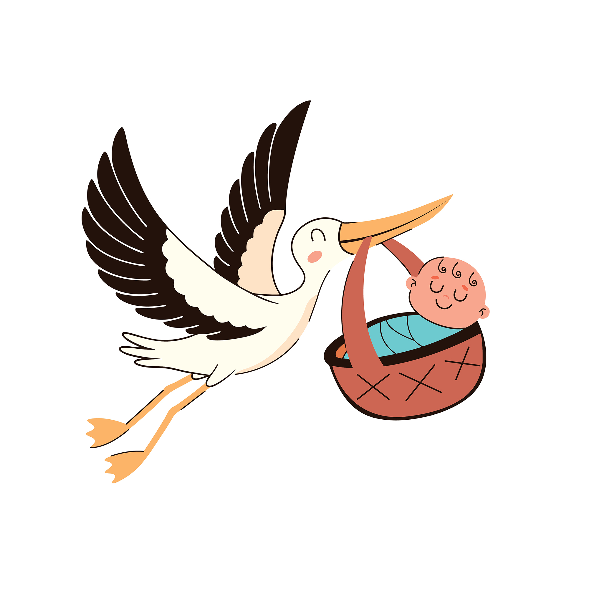 Tegning af stork, der flyver med en baby