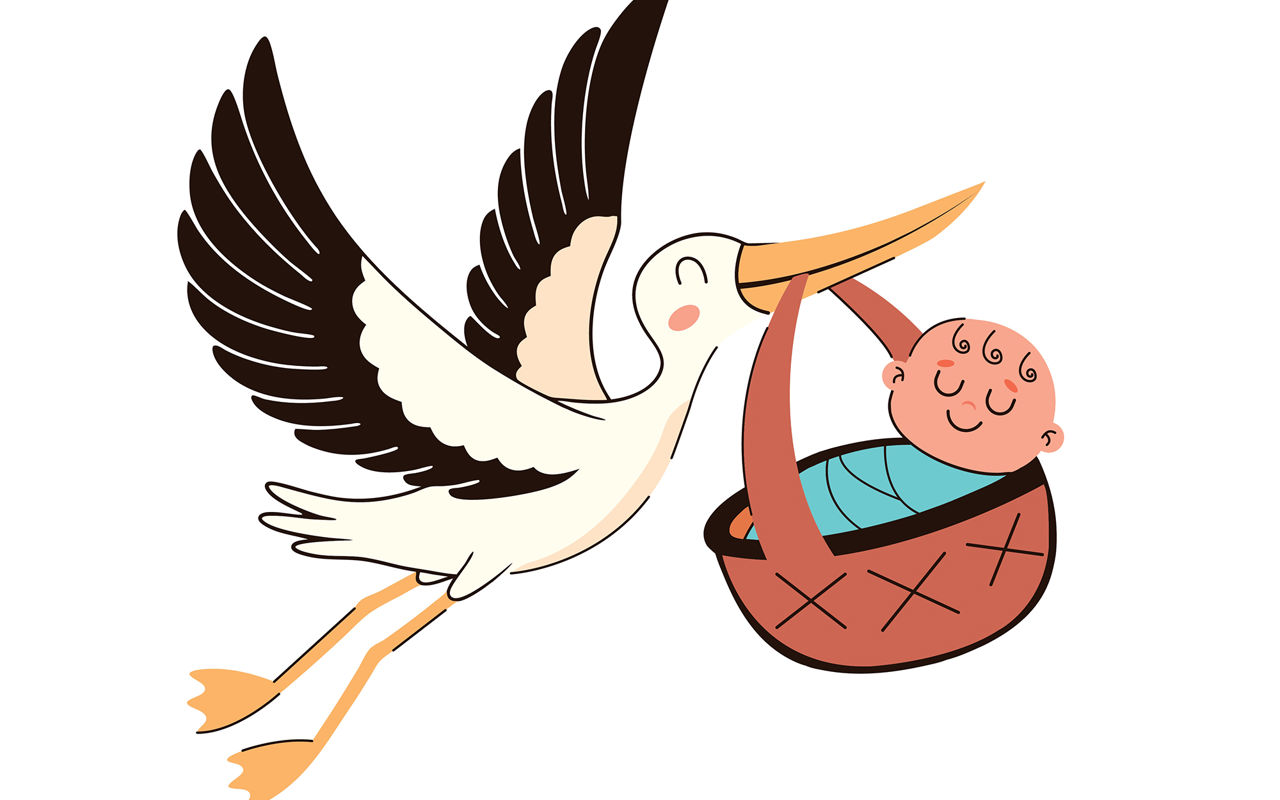 Tegning af stork, der flyver med en baby