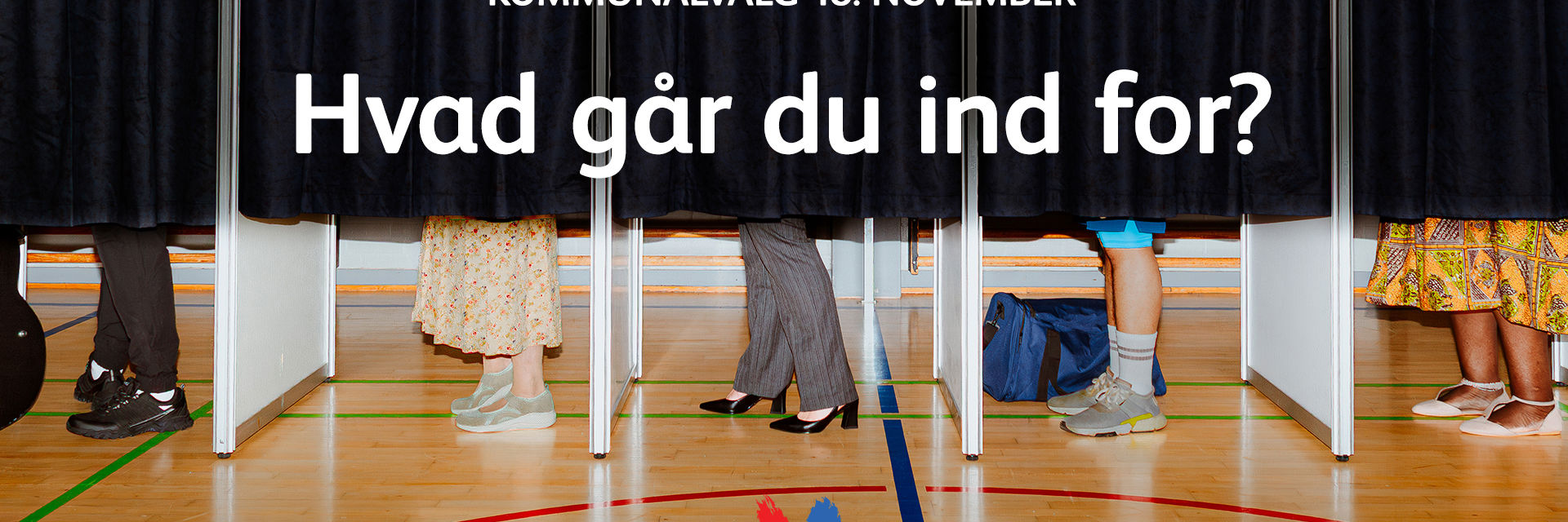Billede af mennesker i stemmebokse. Tekst på billedet: Kommunalvalg 18. november. Hvad går du ind for? Stem Med.