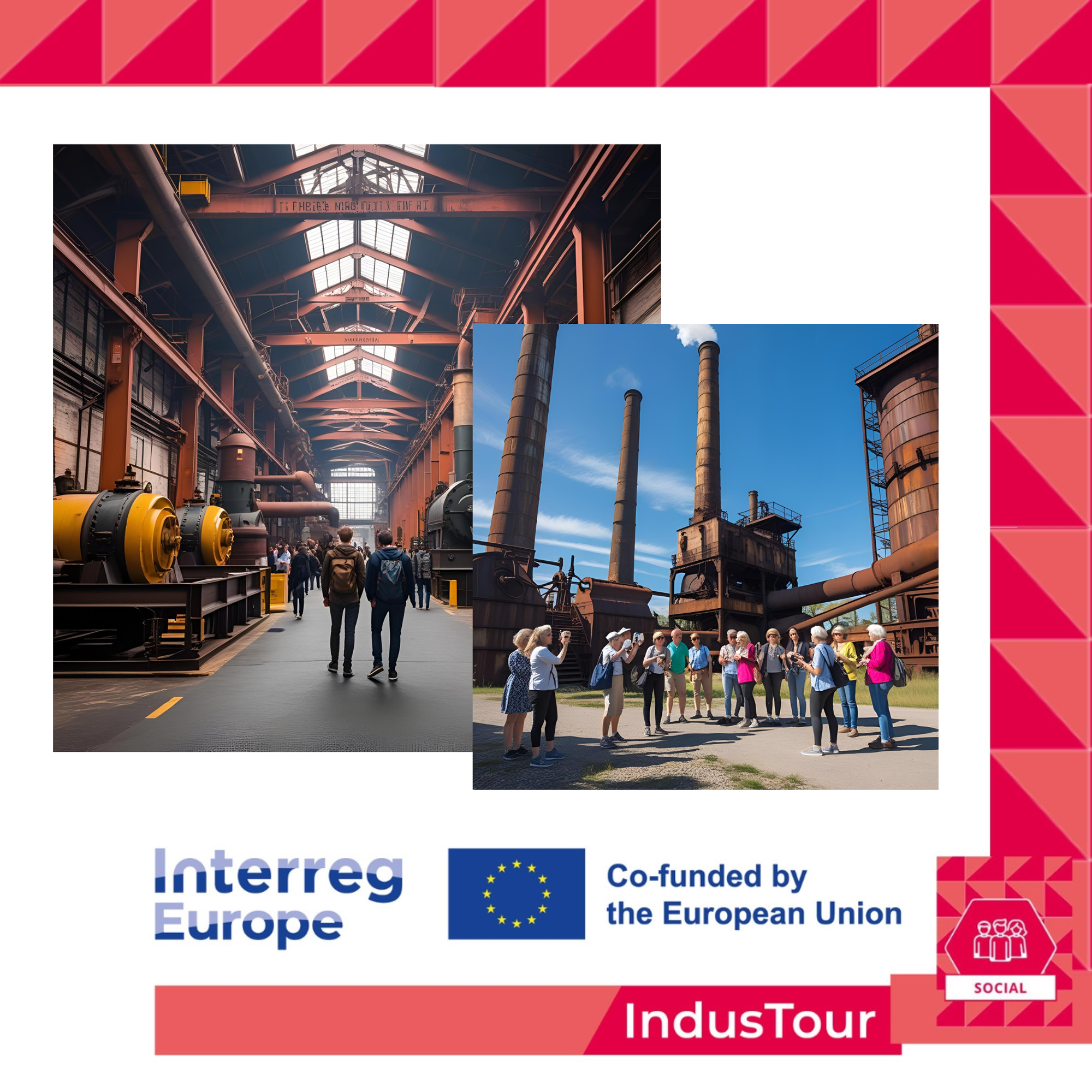 Mennesker på fabrik og teksten Interreg Europe